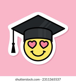 cara sonriente con ojos cardíacos usando pegatina de sombrero de graduación, símbolo amarillo con contorno negro, pegatina de sonrisa tierno sobre fondo rosa, elemento de diseño de vector estético groovy