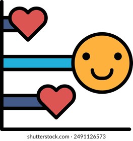 A smiling face with a heart on the left side and another heart on the right side. The image conveys a positive and happy mood