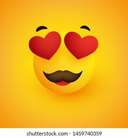 Smiling Face With Heart Shaped Eyes and Mustache on Yellow Background - Vector Design