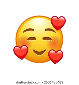 Smiling Face with Hearts 3d icon. Yellow emoji with smiling eyes, smile and hearts floating around head. love. Vector 10 eps.