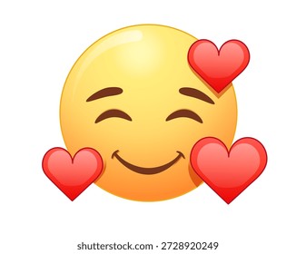 Smiling Face with Hearts icon. Yellow emoji with smiling eyes, smile and hearts floating around head. Love, Yellow face emoji with red heart eyes and smile vector. Trending emoticon. Popular chat icon
