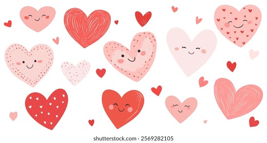 Smiling face hearts. Pink and red colored cute heart set. Hand drawn vector illustration.