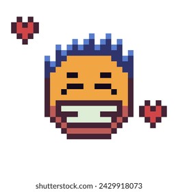 Cara sonriente con corazones icono de pixel art, expresión facial alegre. Caricatura. Estilo plano. Estilo de 8 bits. Ilustración abstracta aislada del vector.