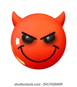 Cara sonriente con Horns Emoji. Icono de la caricatura 3d de Emotion. Emoticono redondo rojo. Ilustración del vector