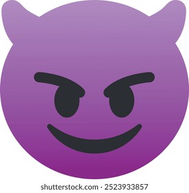 Cara sonriente con el icono del emoji de los cuernos. Colores de moda, elemento popular que representa una actitud traviesa o juguetona, a menudo utilizado en las redes sociales. Emoticon, elemento aislado.