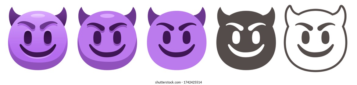 Smiling Face with Horns. Happy purple devil emoji, gloating demon emoticon and evil smile flat vector icons set