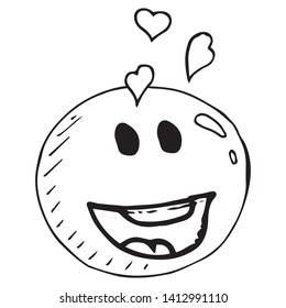Smiling face icon. Face with a smile. Vector illustration of a smiling face with hearts. Hand drawn love face.