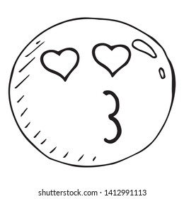 Smiling face icon. Face with a smile. Vector illustration of a smiling face with hearts. Hand drawn love face.