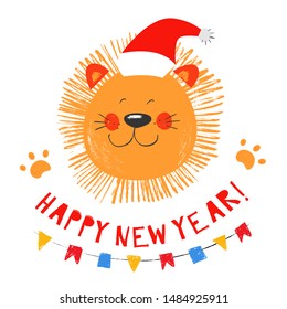 Smiling face lion in Christmas hat wishes a Happy New Year. Hand drawn vector cute african animal. Greeting card. Leo with garland. Funny cartoon character for kids. Pencil texture.