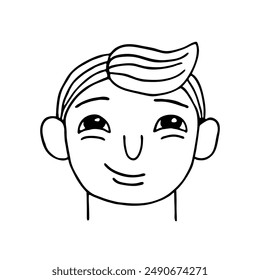 Smiling face of a little child boy or funny guy with grin, black outline isolated on white. Line drawing sketch in doodle style. Vector clipart for children's illustration.