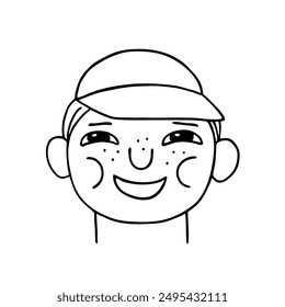 Cara sonriente de un niño pequeño o chico divertido con pecas en la gorra, contorno negro aislado sobre fondo blanco. Esbozo de dibujo lineal en estilo garabato. Clipart de Vector para ilustración infantil.