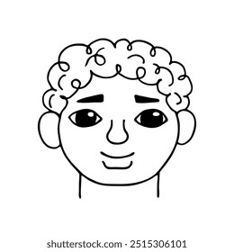 Smiling face of a little child boy or funny African guy with curly hair, black outline isolated on white. Line drawing sketch in doodle style. Vector clipart for children's illustration.