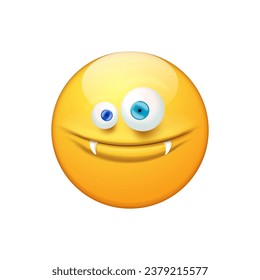 Smiling Face with monster mouth and eyes isolated on white background. Yellow monster smiley face character with white vampire teeth. Halloween day concept illustration, sticker, print and icon
