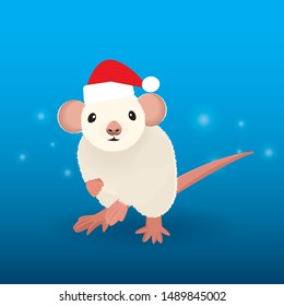 Smiling face mouse in Christmas hat wishes a Happy New Year. Hand drawn vector cute animal. Greeting card.  Funny cartoon character for kids. Rat is Chinese symbol 2020 year.