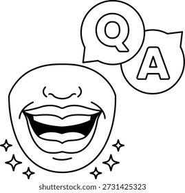 A smiling face with a mouth open and a question mark above it. The image is meant to convey a sense of curiosity and wonder