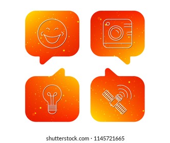 Smiling face, photo camera and lightbulb icons. GPS linear sign. Orange Speech bubbles with icons set. Soft color gradient chat symbols. Vector
