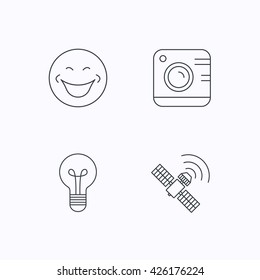 Smiling face, photo camera and lightbulb icons. GPS linear sign. Flat linear icons on white background. Vector