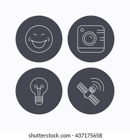 Smiling face, photo camera and lightbulb icons. GPS linear sign. Flat icons in circle buttons on white background. Vector