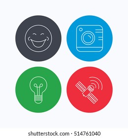 Smiling face, photo camera and lightbulb icons. GPS linear sign. Linear icons on colored buttons. Flat web symbols. Vector