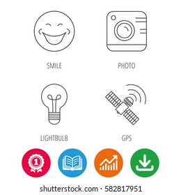 Smiling face, photo camera and lightbulb icons. GPS linear sign. Award medal, growth chart and opened book web icons. Download arrow. Vector