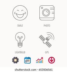 Smiling face, photo camera and lightbulb icons. GPS linear sign. Calendar, Graph chart and Cogwheel signs. Download colored web icon. Vector