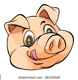 Smiling face of a pig on white background