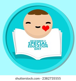 Smiling face with a red heart and an open book, with bold text in circle frame on light blue background commemorate Special Education Day on December 2