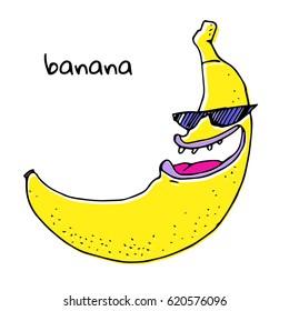  Smiling face of rock Banana in violet sunglasses. Vector illustration with isolated object on the white background