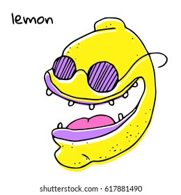  smiling face of rock lemon in violet sunglasses. Vector illustration