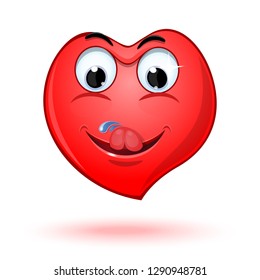 Smiling face in the shape of a heart is licking from pleasure. Cute cartoon heart licks himself. Hungry emoji in the shape of a heart. Vector illustration