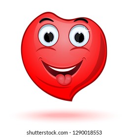 Smiling face in the shape of a heart shows tongue. Cute cartoon laughing heart. Vector illustration