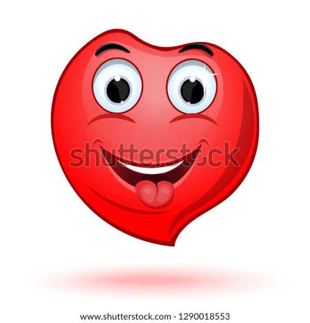 Smiling face in the shape of a heart shows tongue. Cute cartoon laughing heart. Vector illustration