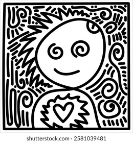 smiling face, spiral eyes, esploding heart, with black and white doodle background