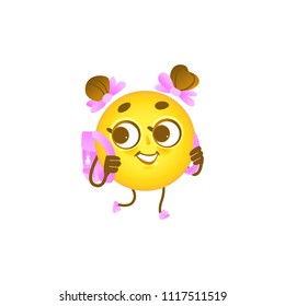 smiling face student with backpack isolated on white background. Cute happy yellow emoticon girl with hair bunches and school bag for back to school concept in vector illustration.