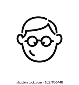 Smiling face of student, wearing glasses young guy. Vector icon