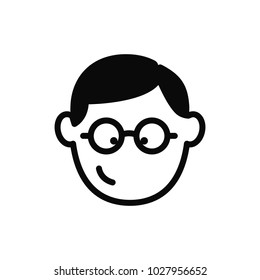 Smiling face of student, wearing glasses young guy. Vector icon
