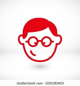 Smiling face of student, wearing glasses young guy. Vector icon