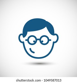 Smiling face of student, wearing glasses young guy. Vector icon