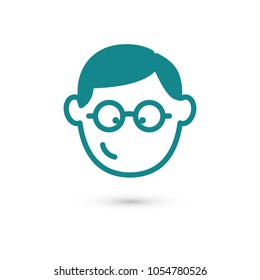 Smiling face of student, wearing glasses young guy. Vector icon