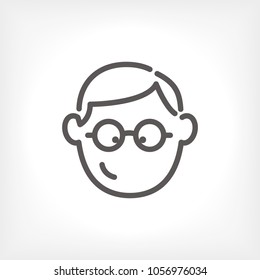 Smiling face of student, wearing glasses young guy. Vector icon