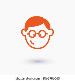 Smiling face of student, wearing glasses young guy. Vector icon