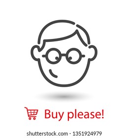 Smiling face of student, wearing glasses young guy. Vector icon