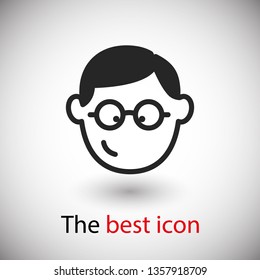 Smiling face of student, wearing glasses young guy. Vector icon