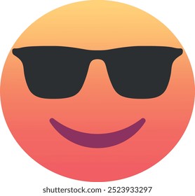 Rosto sorridente com ícone emoji de óculos escuros. Cores modernas, elemento popular simbolizando frieza e relaxamento, frequentemente usado nas mídias sociais. Emoticon, elemento isolado.