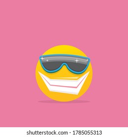 Smiling face with sunglasses emoji isolated on pink background. Smile icon or label. Social media sign