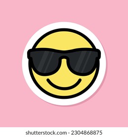 Lächelnde Seite mit Sonnenbrille Emoji-Aufkleber, schwarze Umrisse, süßer Aufkleber auf rosafarbenem Hintergrund, knallharte Ästhetik, Vektordesign-Element