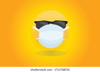 Smiling face with sunglasses emoji with surgical health mask for virus and illness concept.