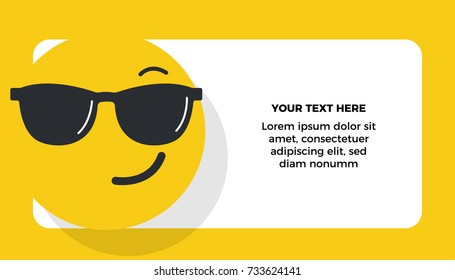 Smiling Face With Sunglasses Emoji vector illustration. Love concept. Gift card note / Thank you note template with text box.