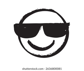 smiling face and sunglasses. grunge happy cool peaceful emoji with glasses. hand drawn textured brush, sketch black rustic drawing. Vector illustration