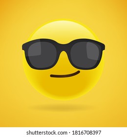 Smiling Face with Sunglasses.summer sun protection. Realistic yellow emoticon in front of a yellow background, vector illustration.